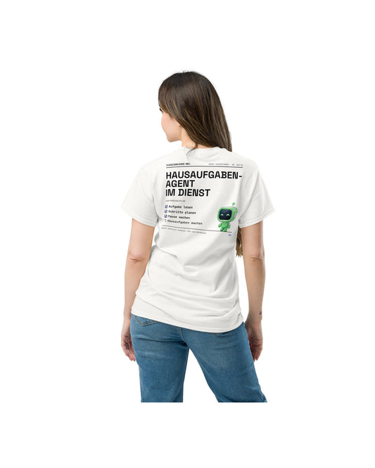 T-Shirt Hausaufgaben-Agent in weiß — am Model