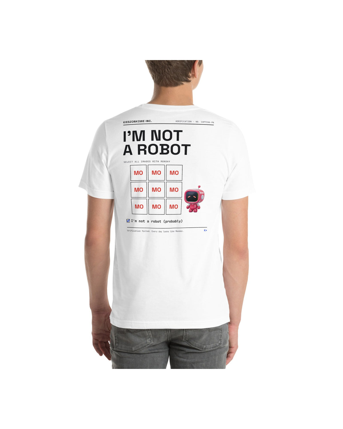 white T-shirt I'm Not a Robot — worn by a model