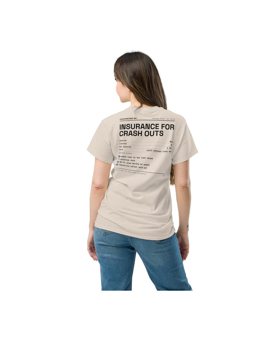 cream T-shirt Crash Out Insurance — worn by a model