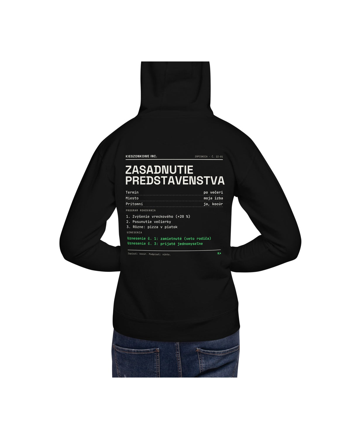 Mikina Zasadnutie predstavenstva, čierna — na modelovi
