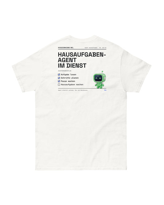 T-Shirt Hausaufgaben-Agent in weiß — Rückenprint