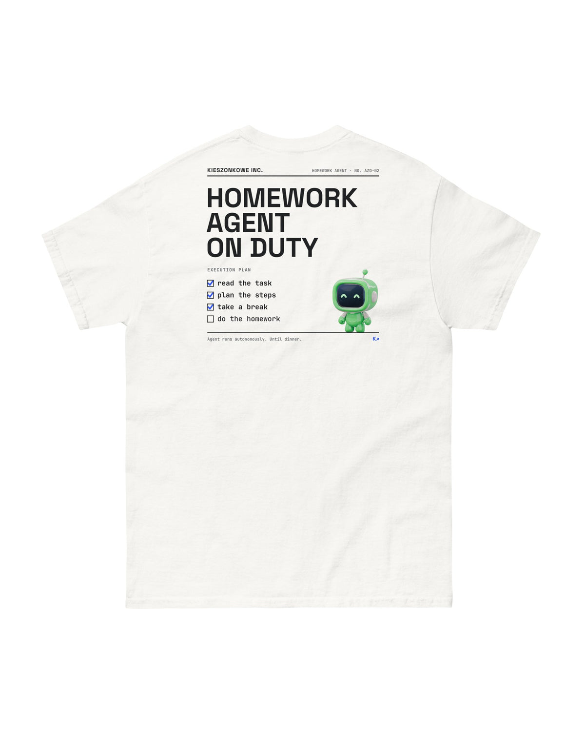 white T-shirt Homework Agent — back print