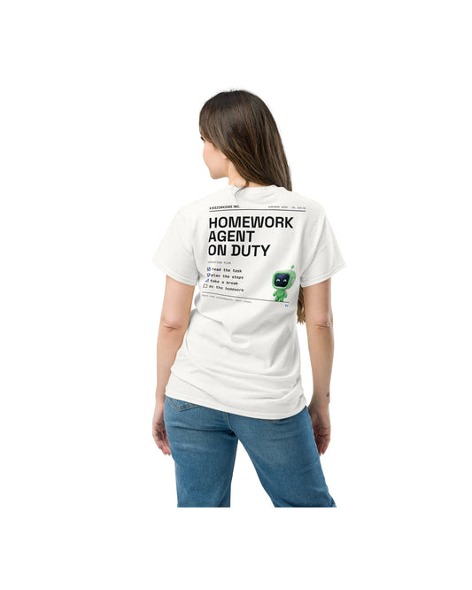 white T-shirt Homework Agent — worn by a model