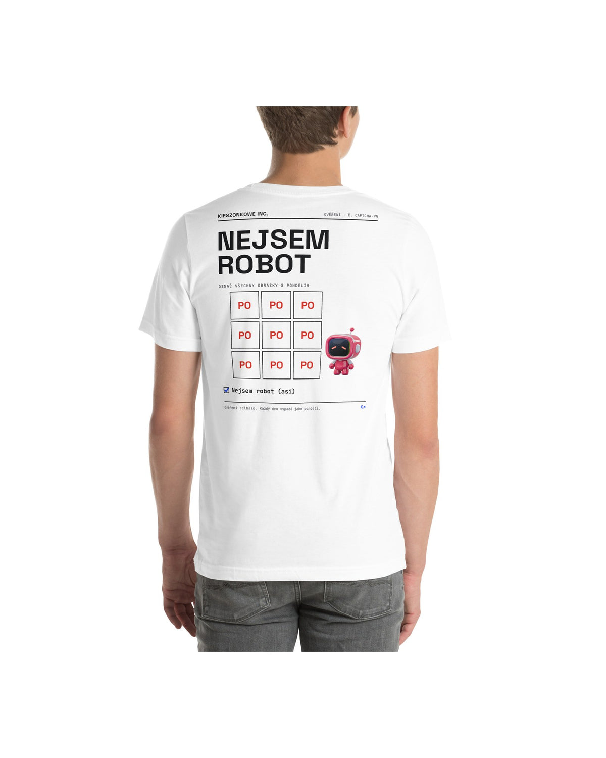 Tričko Nejsem robot, bílá — na modelu