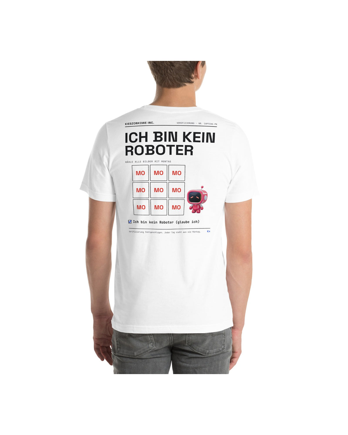 T-Shirt Ich bin kein Roboter in weiß — am Model