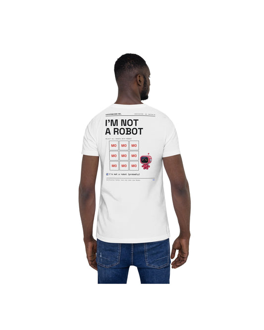 white T-shirt I'm Not a Robot — worn by a model