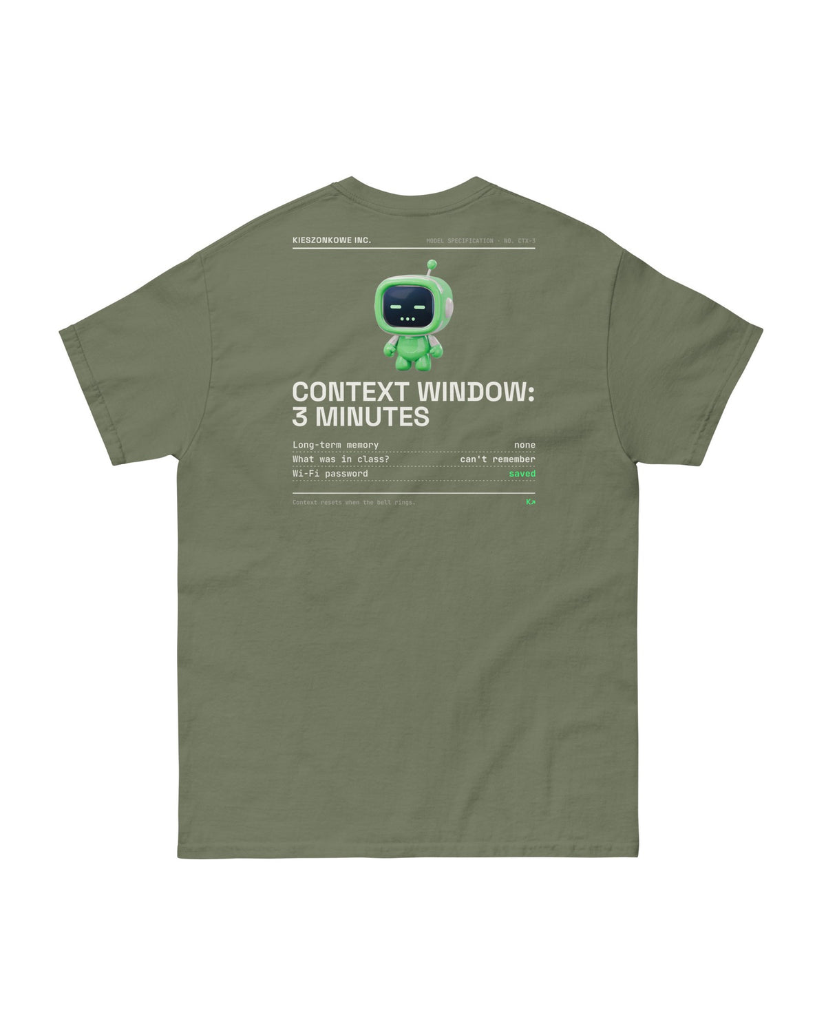 olive green T-shirt Context Window: 3 Minutes — back print