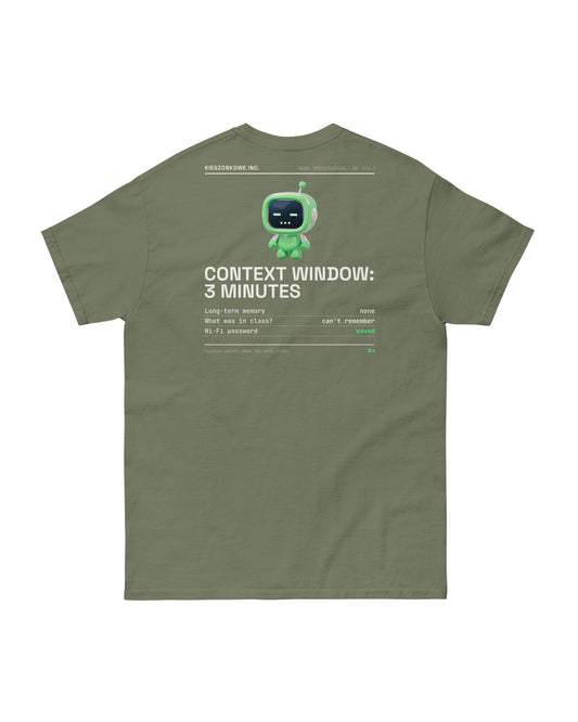 olive green T-shirt Context Window: 3 Minutes — back print