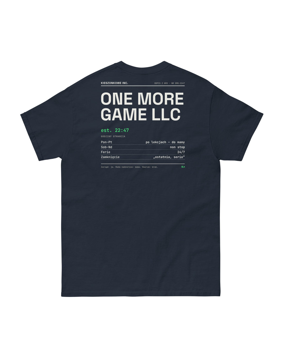 Granatowa koszulka One More Game LLC — nadruk na plecach