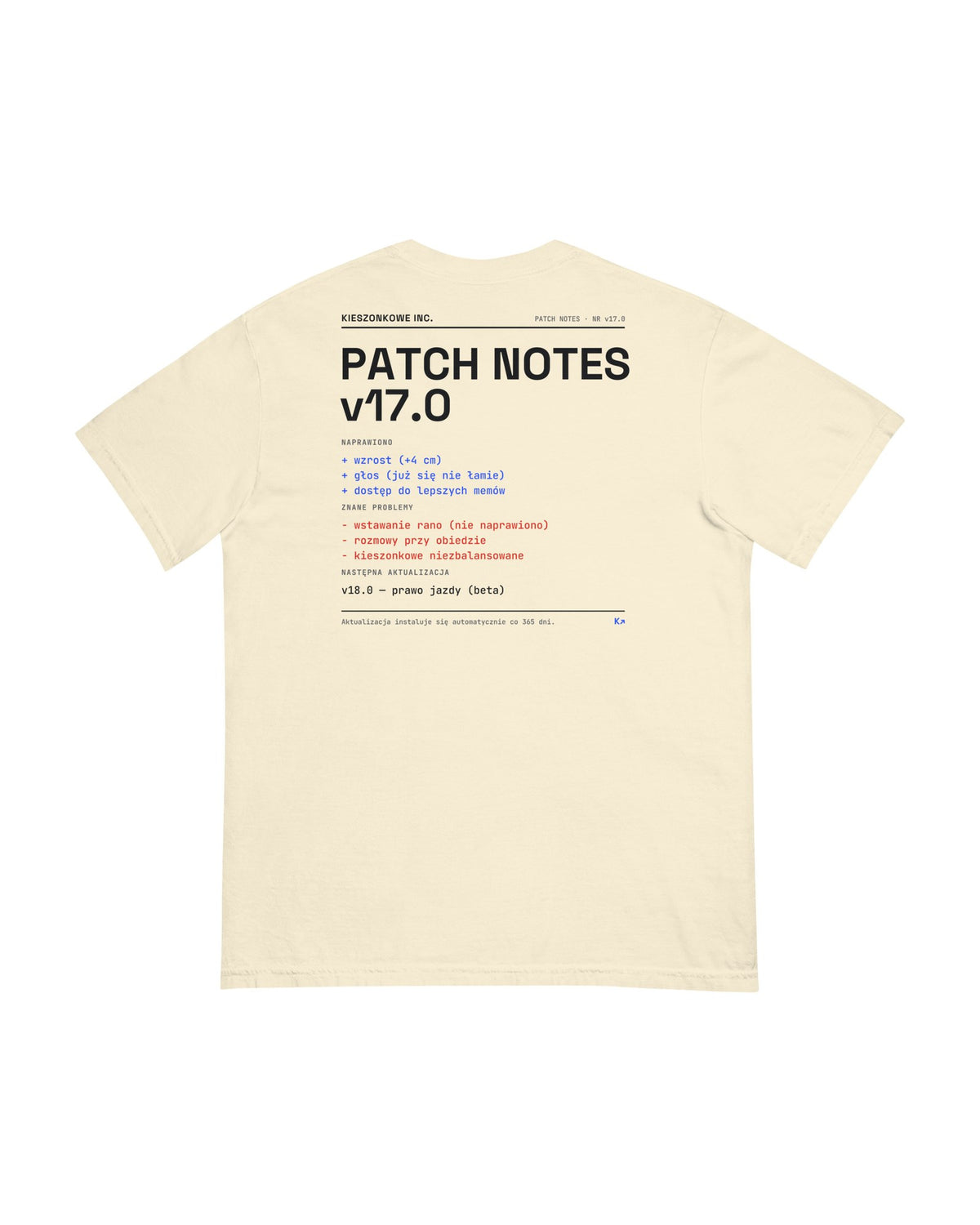Kremowa koszulka Patch Notes v17.0 — nadruk na plecach