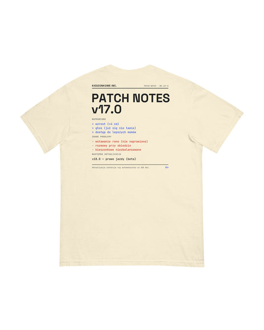 Kremowa koszulka Patch Notes v17.0 — nadruk na plecach