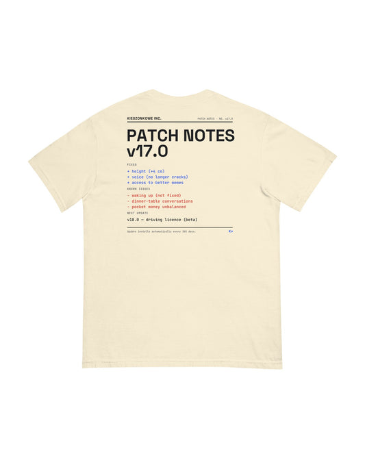 cream T-shirt Patch Notes v17.0 — back print