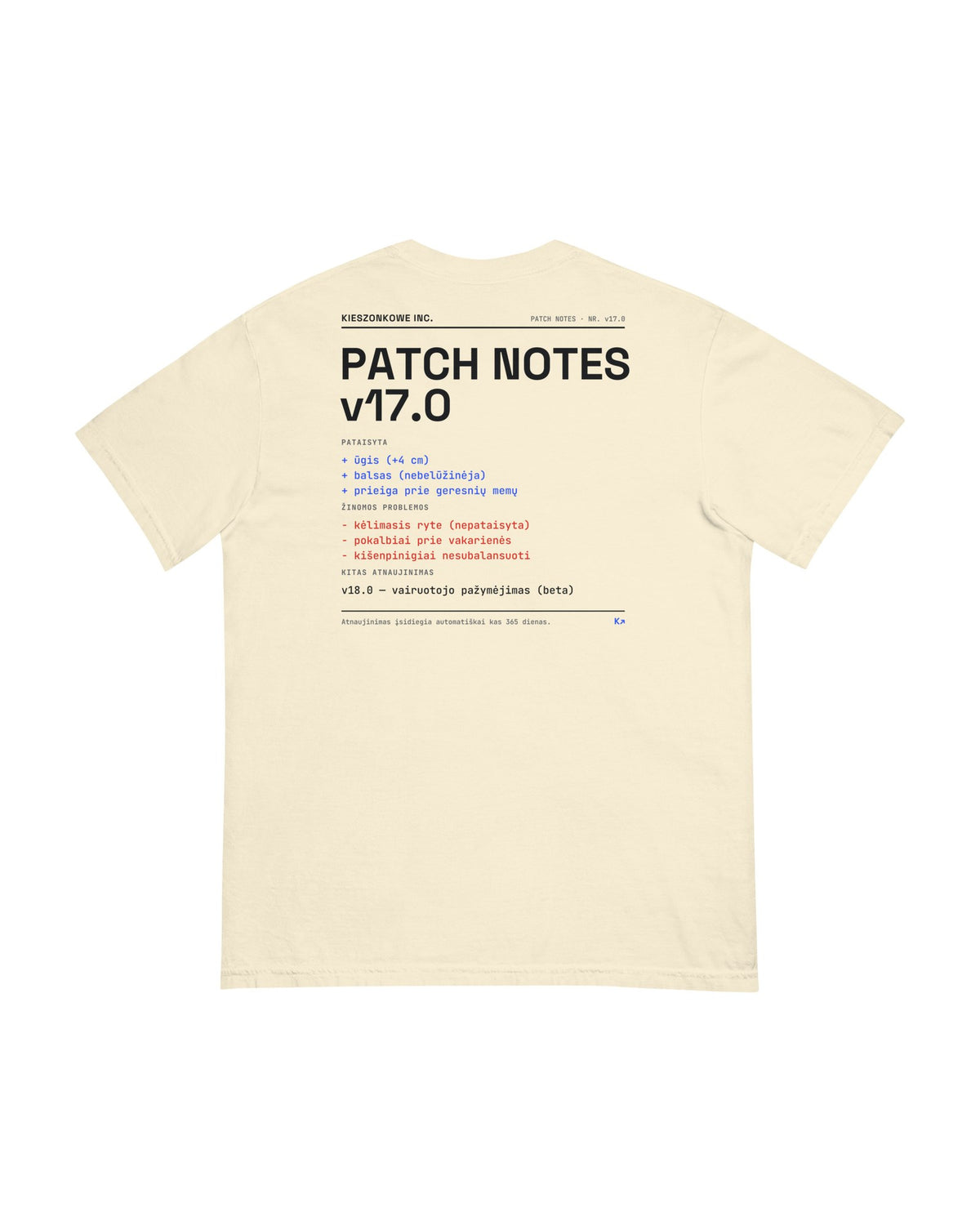 Marškinėliai Patch Notes v17.0, kreminė — spaudinys ant nugaros