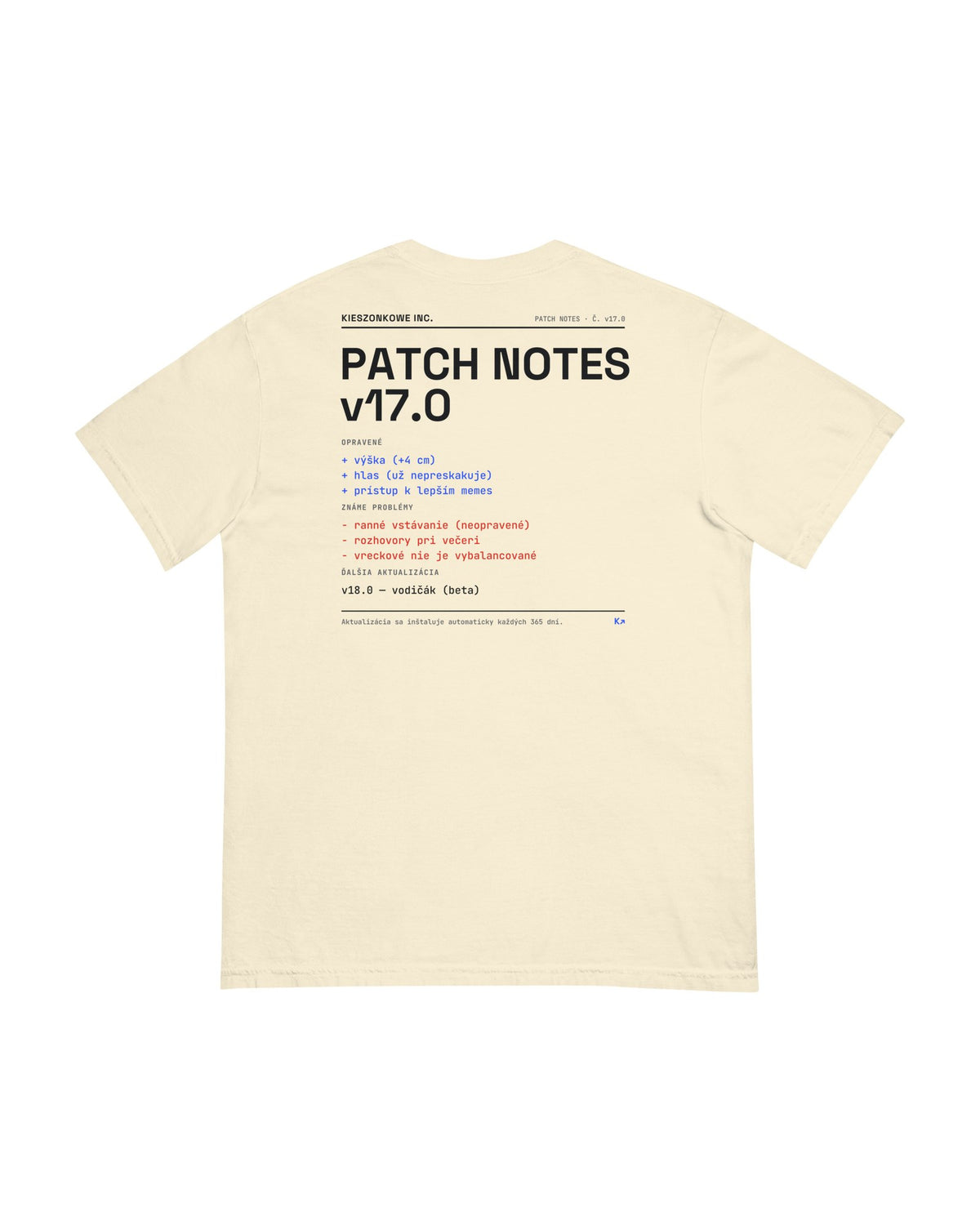 Tričko Patch Notes v17.0, krémová — potlač na chrbte