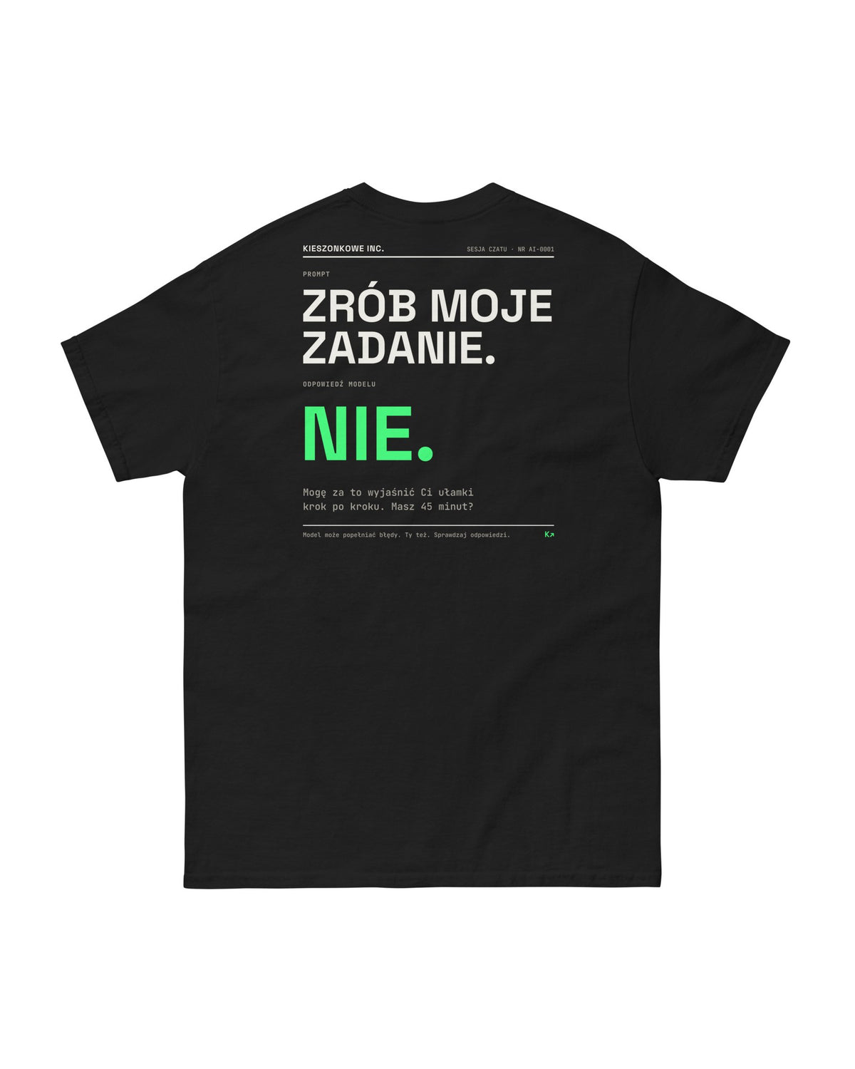Czarna koszulka Prompt: zrób moje zadanie — nadruk na plecach