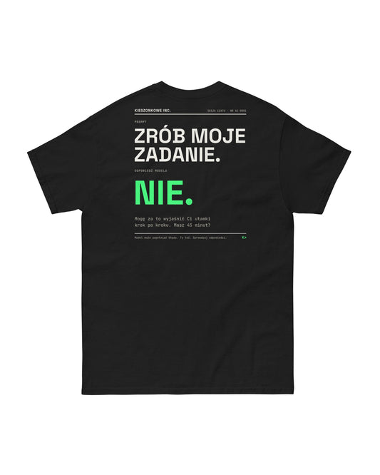 Czarna koszulka Prompt: zrób moje zadanie — nadruk na plecach