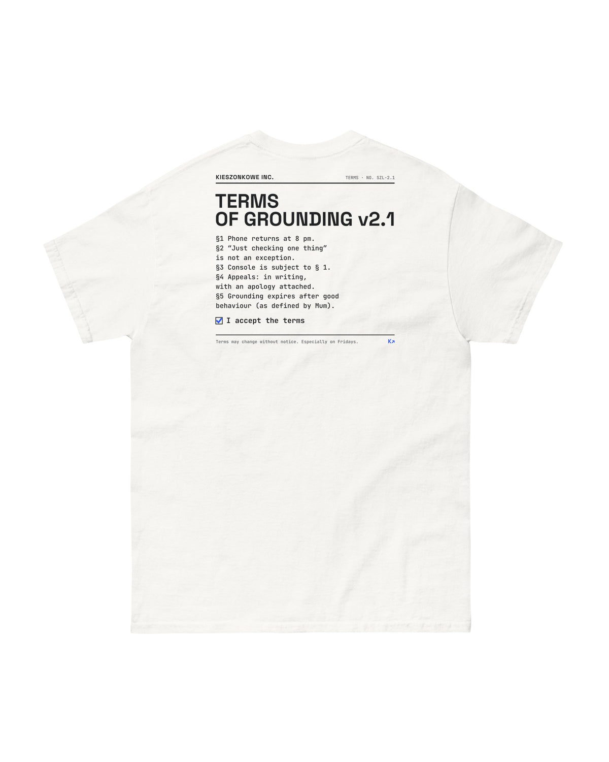 white T-shirt Terms of Grounding — back print