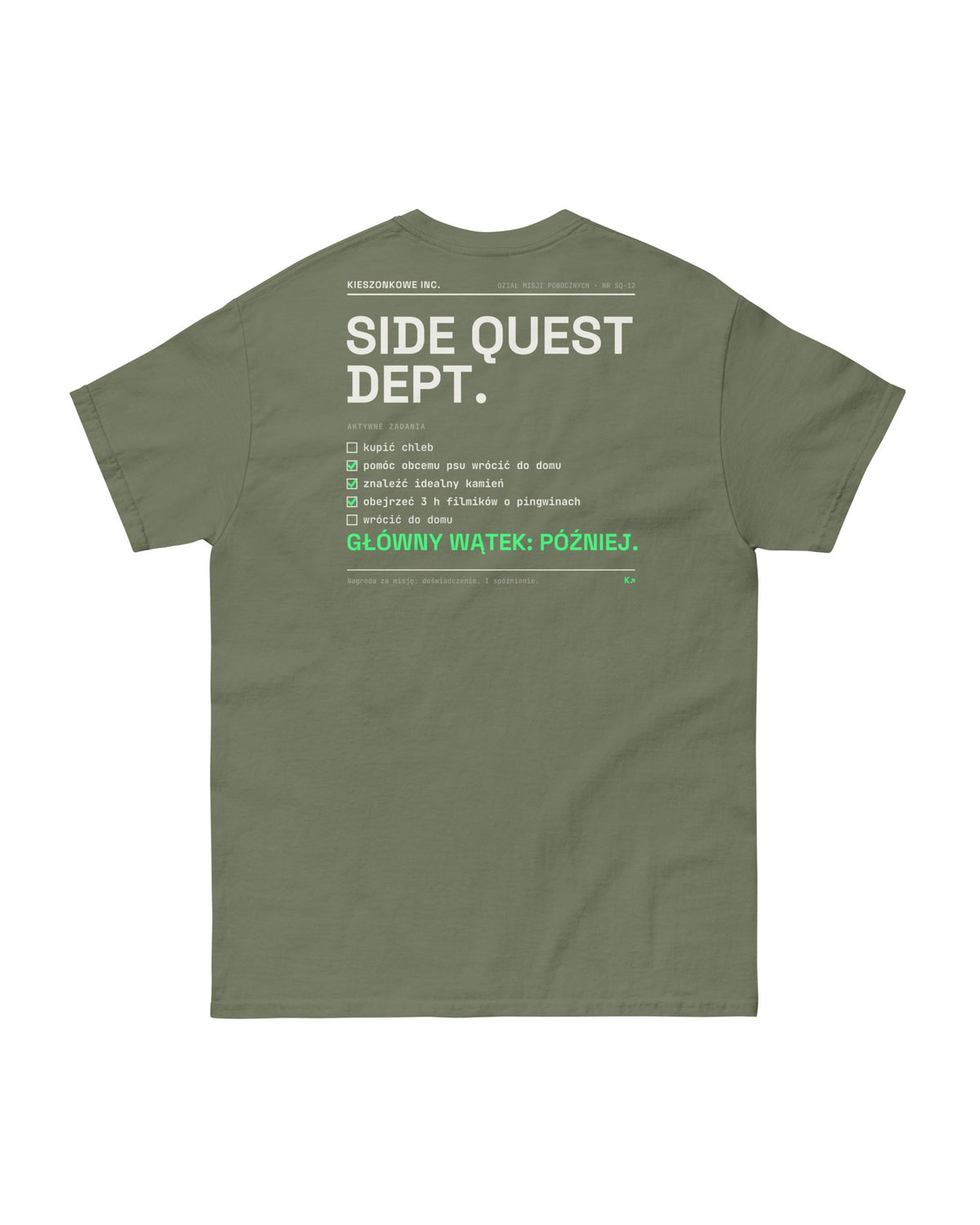 Zielona koszulka Side Quest Dept. — nadruk na plecach