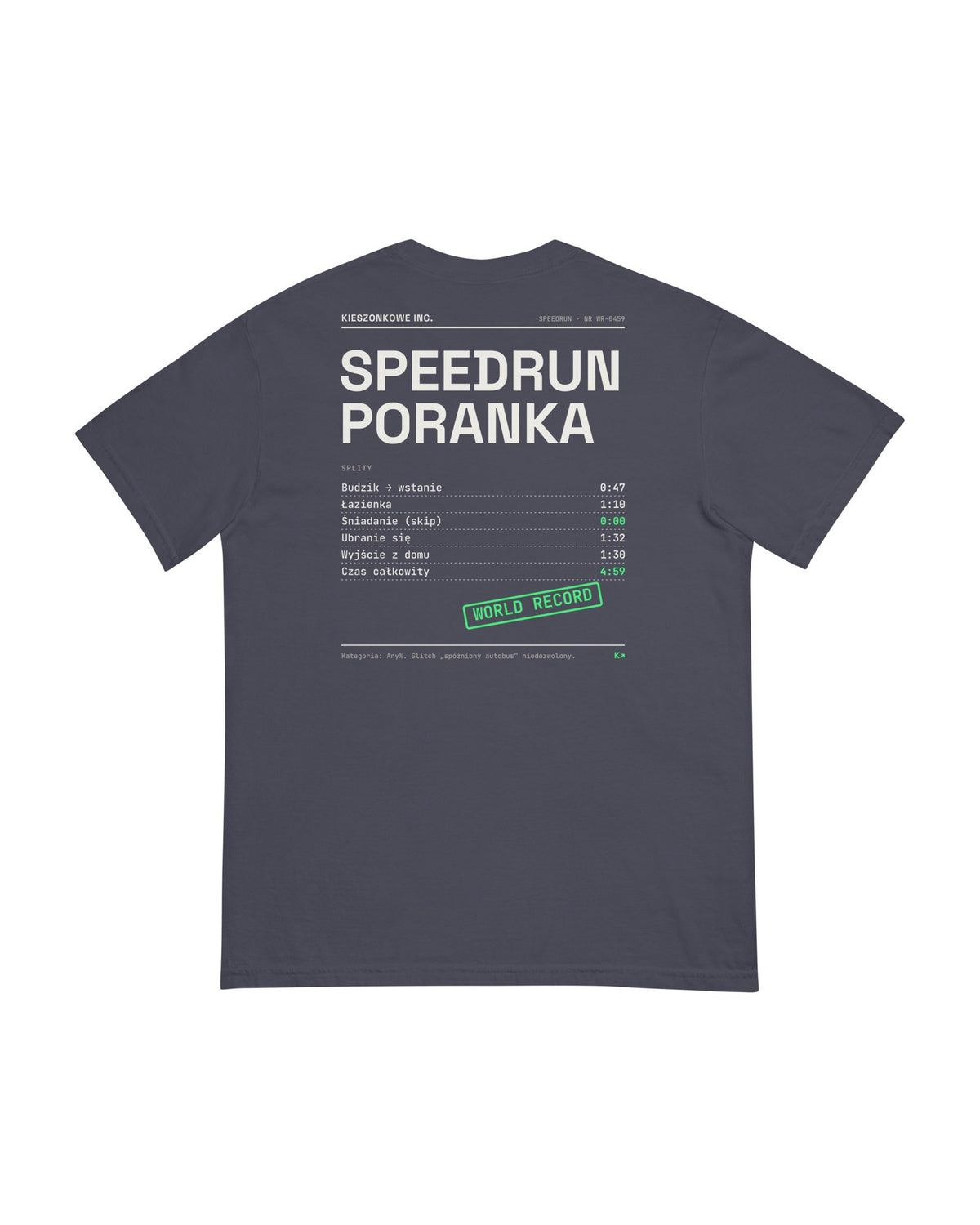 Granatowa koszulka Speedrun Poranka — nadruk na plecach