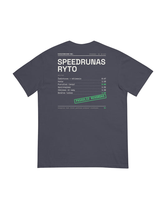 Marškinėliai Ryto speedrunas, tamsiai mėlyna — spaudinys ant nugaros