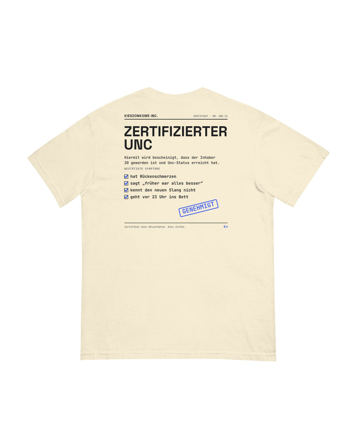 T-Shirt Zertifizierter Unc in creme — Rückenprint
