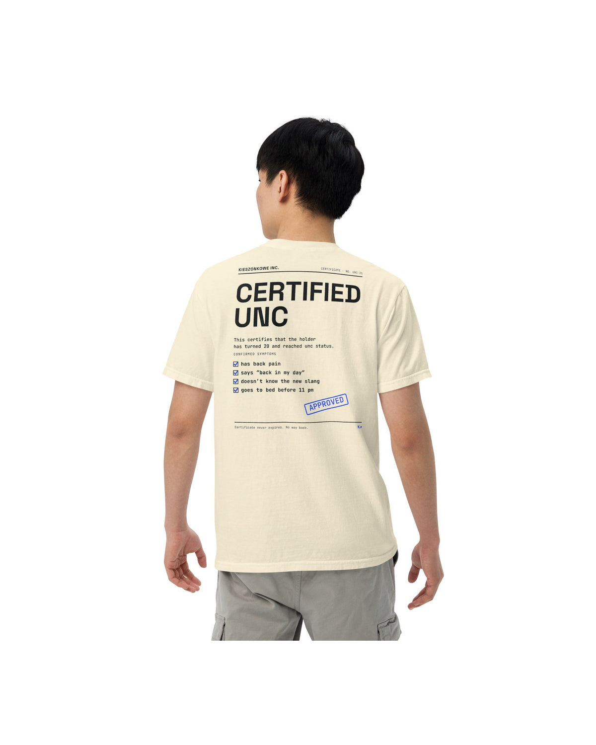 cream T-shirt Certified Unc — worn by a model