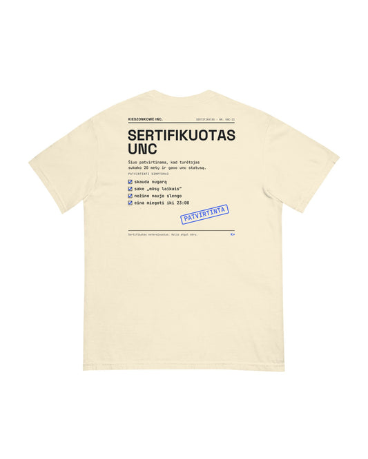 Marškinėliai Sertifikuotas Unc, kreminė — spaudinys ant nugaros