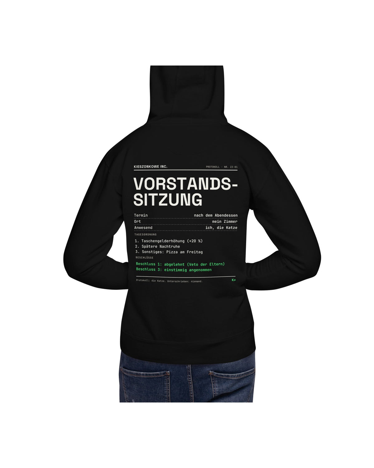 Hoodie Vorstandssitzung in schwarz — am Model