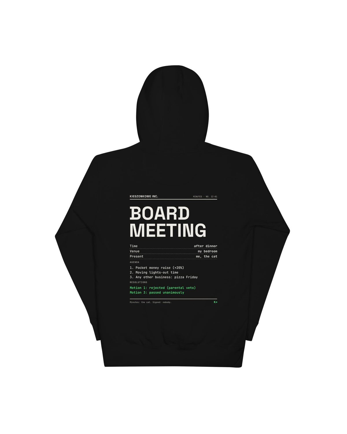 black Hoodie Board Meeting — back print