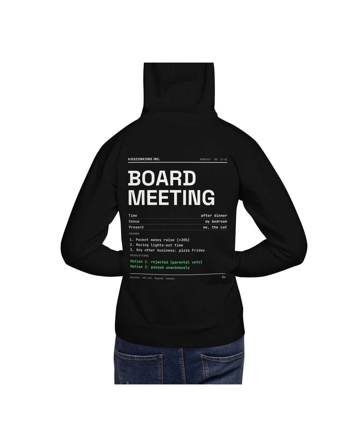 black Hoodie Board Meeting — worn by a model