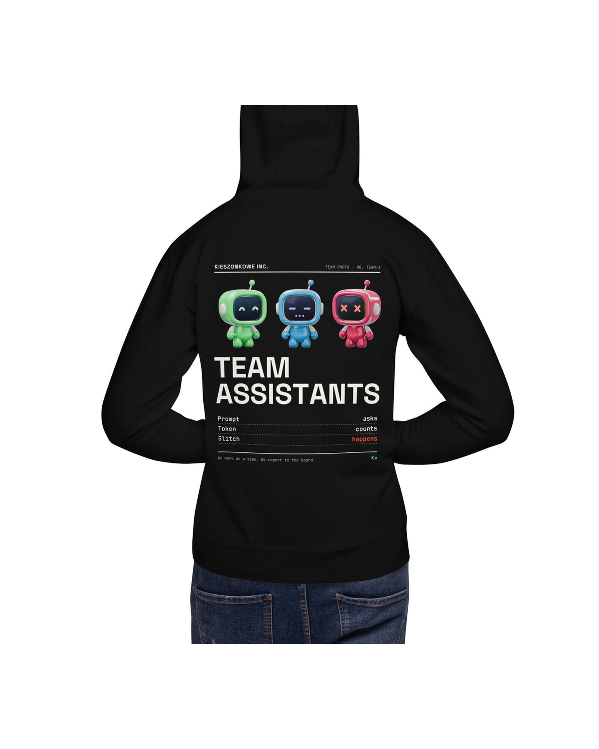 black Hoodie Team of Assistants — worn by a model